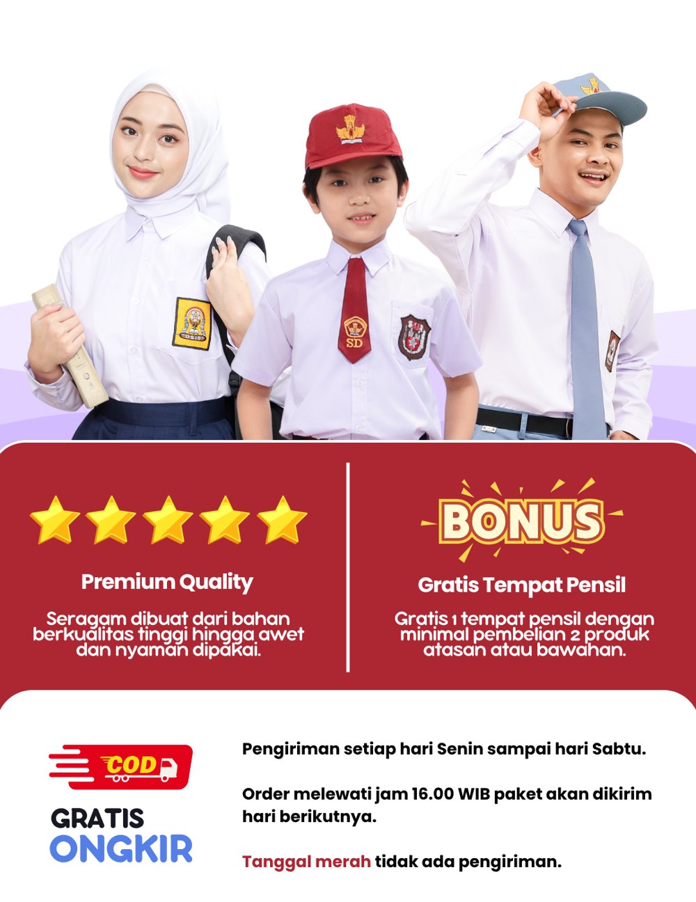 Promo Gajah Mada Uniform: Premium Quality, Bonus Tempat Pensil, COD & Gratis Ongkir